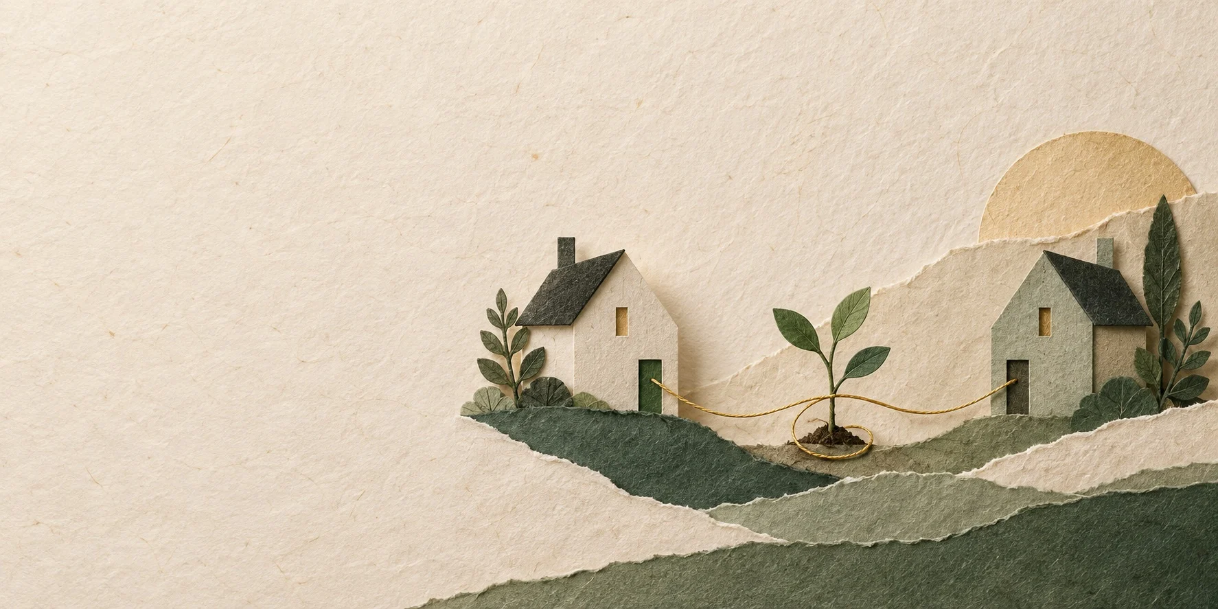 Paper houses connected by a sapling — the Heart to Home app