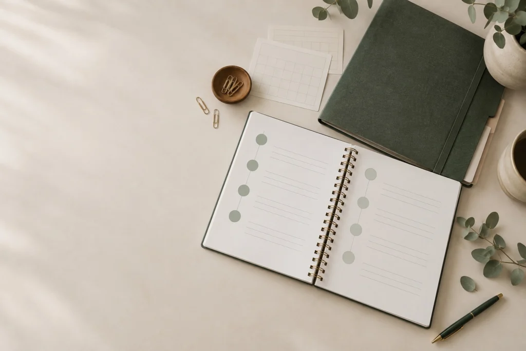 Surrogacy journey planner with a notebook and coffee