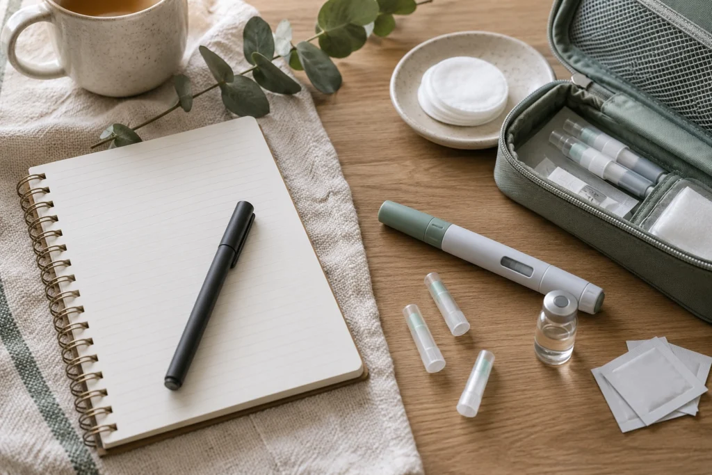 Fertility medications beside a surrogacy journey notebook