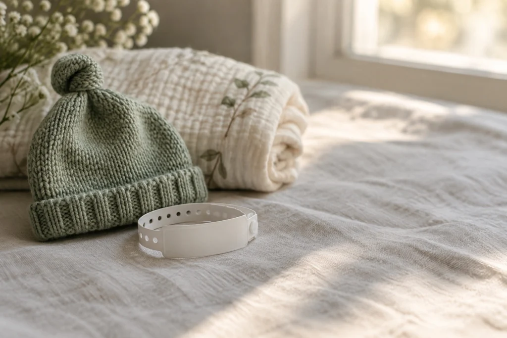 Newborn knit cap, blanket and hospital bracelet
